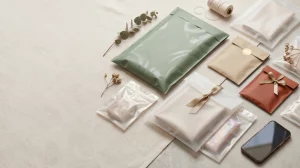 פריסת שטוחה (Flatlay) אסתטית ומעוצבת של מגוון פתרונות אריזה פרימיום, המוכנות לצילום אנבוקסינג מושלם עבור הרשתות החברתיות: מעטפות צבעוניות, שקיות חלביות עם סרטים, שקיות עומדות עם זיפ, לצידן ענפי אקליפטוס וסמארטפון.